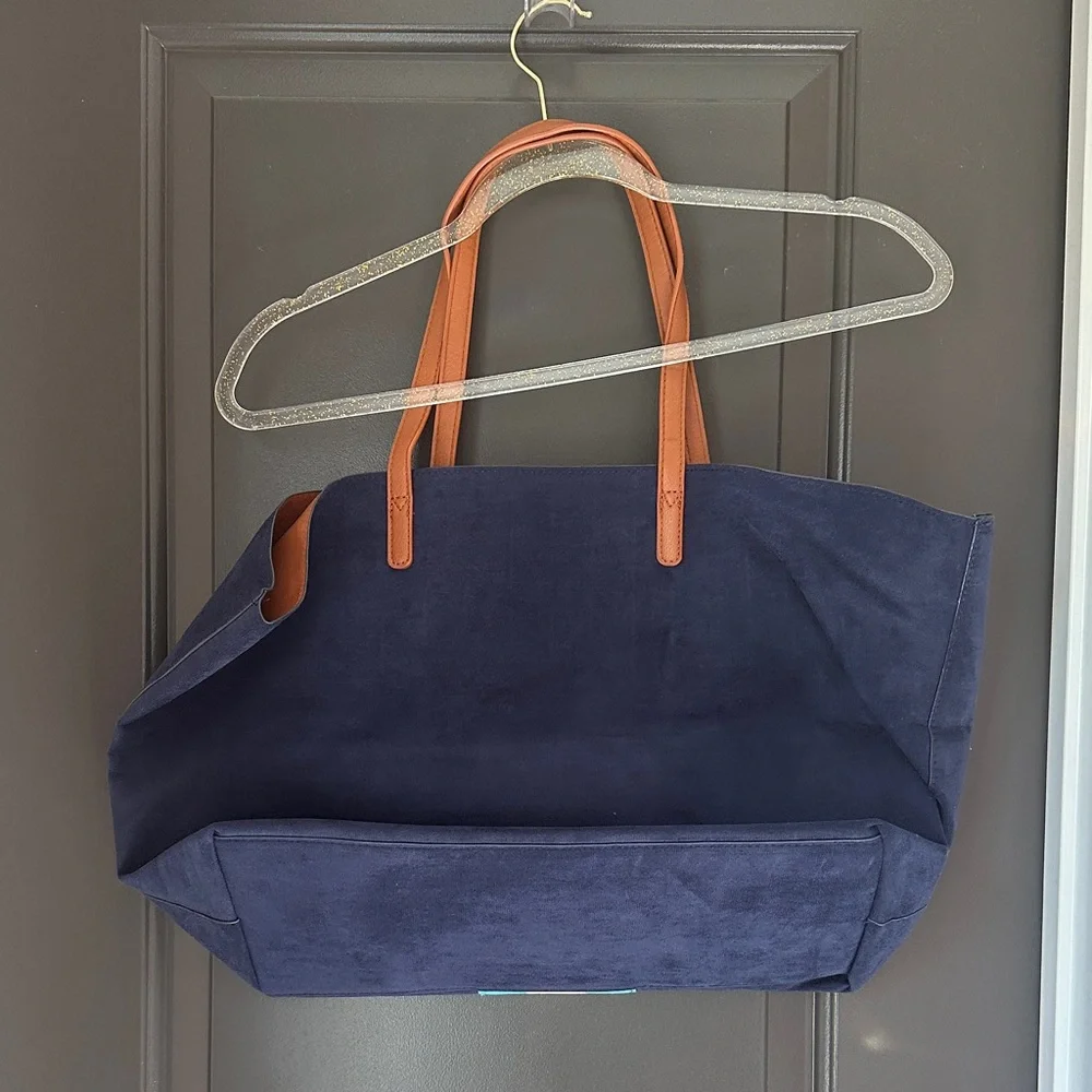 Neiman Marcus Navy Faux Suede and Tan Tote with Aqua Stripe NWOT